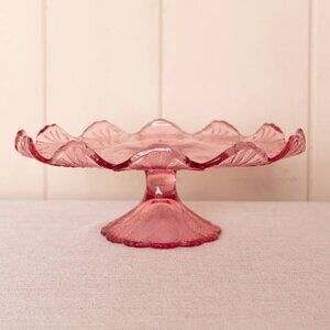 Vintage LE Smith Large Pink Glass Plume Leaf Cake Stand Spring Decor